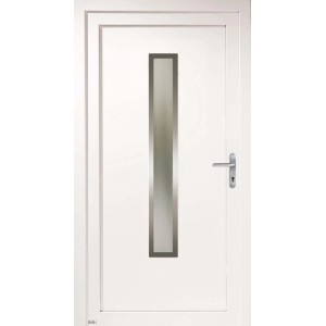 Porta d'ingresso in PVC bianca Amsterdam, DIN sinistra, con inserto in vetro stretto e applicazione in acciaio inox.