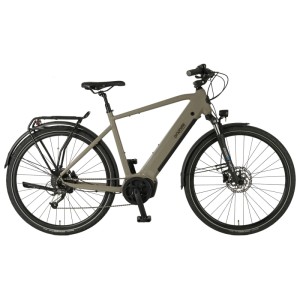 VTC électrique Prophete Entdecker 3.0 femme, bleu nuit nacré, avec porte-bagages et fourche à suspension.