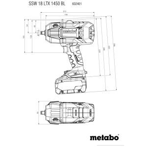 Technisches Diagramm Metabo Akku-Schlagschrauber SSW 18 LTX 1450 BL, Seitenansicht mit Maßen.