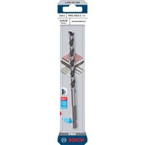 Set di punte per trapano Bosch Pro Hex-5, 3 pezzi, in argento. Adatto per pietra, cemento e mattoni.