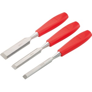 Jeu de ciseaux à bois Ellix, 3 pièces avec manches en plastique rouges, tailles 12, 18 et 24 mm.