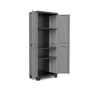 Armoire haute Keter Stilo, en plastique, 173x68x39cm, avec portes ouvertes et étagères réglables.