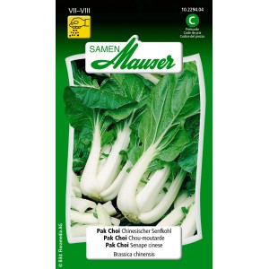Sachet de graines de Pak Choi (chou chinois moutarde) avec des plantes fraîches.
