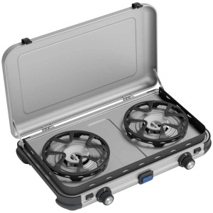 Fornello da campeggio Campingaz Camping Kitchen 2 Maxi CV con due bruciatori e paravento.
