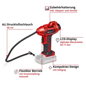 Einhell Power X-Change CE-CC 18 Li-Solo : compresseur rouge sans fil avec tuyau et affichage numérique.