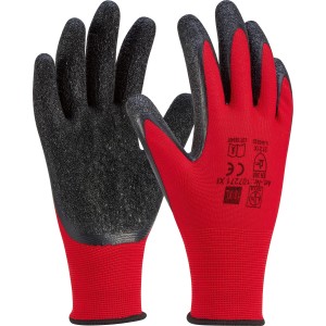 Guanti da lavoro in lattice rossi, confezione da 5, taglia 8. Palmo nero antiscivolo, dorso rosso.