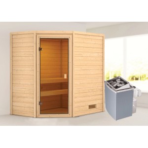 Sauna Woodfeeling Jella con porta in vetro bronzato e stufa da 9 kW. Sauna in legno massello per momenti di relax.