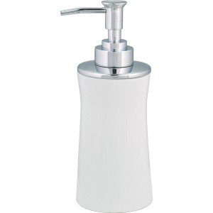 Dispenser di sapone bianco Spirella Malibu con pompa cromata per il bagno.