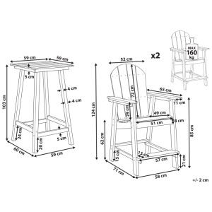 Schizzo: Set bistro Beliani blu con sedie Adirondack e tavolo, dimensioni segnate.