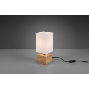 Moderna lampada da tavolo di design Reality Woody con base in legno e paralume in tessuto bianco.