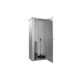 Armoire de terrasse Biohort Julia L argent métallique ouverte, avec balai et boîtes. Pour jardin et balcon.