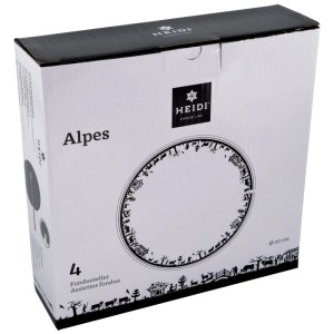 Confezione del set di piatti da fonduta Heidi Cheese Line Alpes, 4 piatti in ceramica con decoro alpino.
