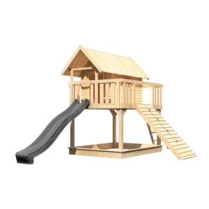 Karibu Stelzenhaus Fidel mit Rutsche und Holzrampe in Natur-Anthrazit. Kinder-Gartengerät aus Holz.