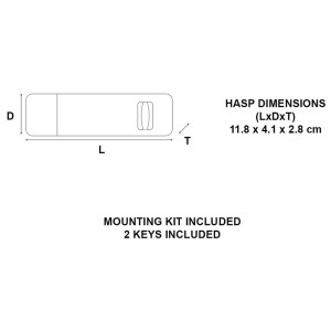 Master Lock Überfalle mit Schloss, 118mm, mit Maßen und Zubehörhinweis.