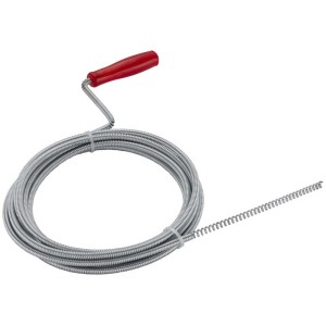 Furet de plomberie en métal, 3 m de long, avec poignée rouge et tête en spirale pour déboucher les canalisations.