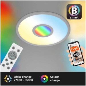 Smarte LED Deckenleuchte Brilo Centro S, silberfarbig, mit Fernbedienung und App-Steuerung.