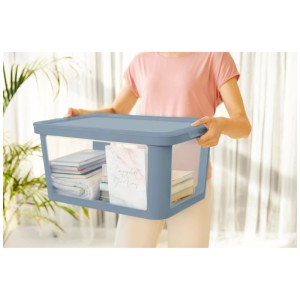 Frau trägt Rotho Aufbewahrungsbox Albris 45L in Misty Blue, gefüllt mit Büchern und Textilien.