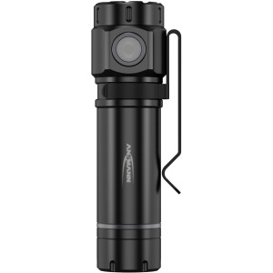 Lampe torche rechargeable Ansmann noire en aluminium avec clip métallique et bouton latéral. Lampe LED 2000 lm.