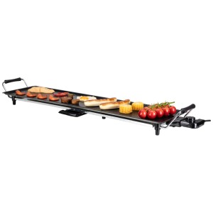 Nouvel Teppanyaki Grill 90, grill elettrico nero con cibo come salsicce, verdure e carne.