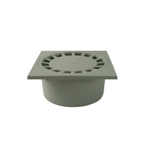 Siphon de sol Marley pour installation à plat, gris, carré avec grille d'évacuation ronde.