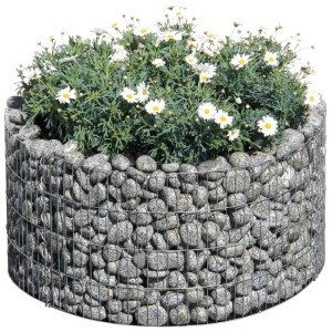 Jardinière surélevée ronde en gabion Bellissa Gabion Basic (Ø 81cm) avec pierres et plantes.