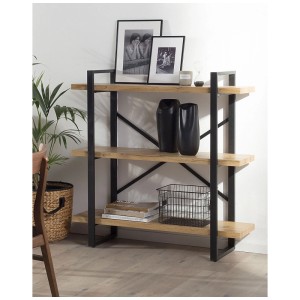 Étagère à livres Beliani Timber, marron, avec 3 étagères et cadre en métal noir.