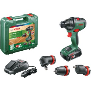 Set avvitatore a batteria Bosch AdvancedDrill 18 con batteria, caricabatterie, accessori e valigetta.