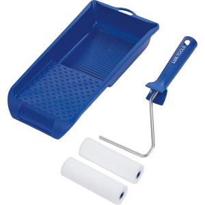 Kit à peindre LUX pour laque, 4 pièces : bac bleu, 2 rouleaux à laquer, monture. Idéal petites surfaces.
