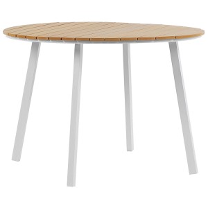 Runder Beliani Gartentisch Cavoli mit Holz-Optik und weißem Alu-Gestell, Ø 105 cm.