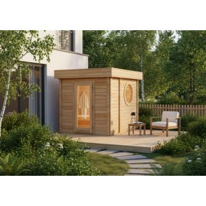 Sauna de jardin Finntherm Cubus-70 B en bois naturel avec toit plat et fenêtre ronde.