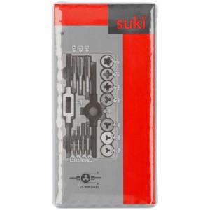 Jeu de tarauds et filières Suki, 16 pièces, en boîte plastique. Acier à outils, pour filetages intérieurs et extérieurs.