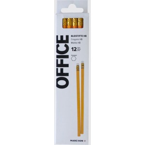 12 Office Bleistifte HB, gelb, hexagonal, mit Radiergummi in weißer Verpackung. Ideal für Schule & Büro.