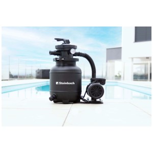 Système de filtration Steinbach Classic 250N pour piscines, boîtier noir avec pompe et manomètre.