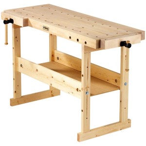 Établi Nordic Plus 1450 en bouleau avec deux étaux et étagère de rangement.