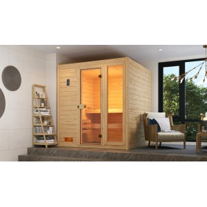 Sauna en bois massif Weka Valida 3 avec porte/fenêtre en verre, épicéa naturel.