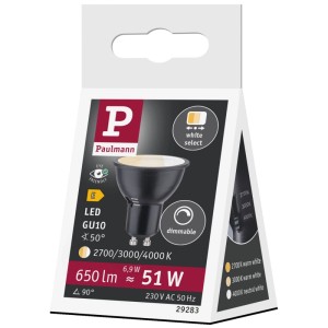 Paulmann LED-Reflektor GU10, matt Schwarz, dimmbar. Wählbare Lichtfarben (2700K-4000K), 6,9W, 650lm.
