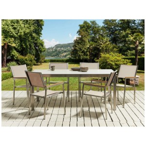 Ensemble de jardin moderne Beliani 6 places avec chaises textiles beiges et table en acier sur terrasse claire.
