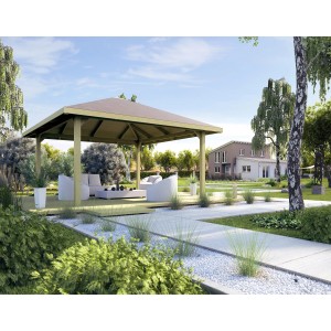Gazebo da giardino Weka Paradies 5, 404x404 cm, con area salotto in giardino.
