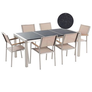 Ensemble de meubles de jardin Beliani Grosseto avec 6 chaises, pierre naturelle polie, beige. Table de jardin avec chaises.