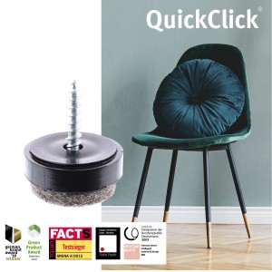 Wagner QuickClick Ultrasoft Slim patins en feutre, lot de 12, Ø 17mm, noir-gris, avec chaise en arrière-plan.