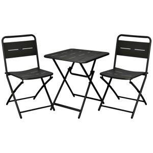 Set bistro pieghevole nero in acciaio con tavolo e due sedie per balcone o patio.