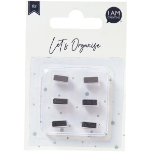 Sechs rechteckige, dunkelgraue I Am Creative Stangenmagnete im Blisterpack für Notizen und Fotos.