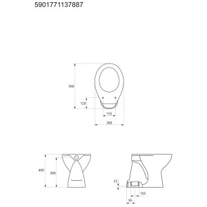 Disegno tecnico del set WC a terra Baliv C218 con dimensioni, composto da WC a terra e sedile WC.
