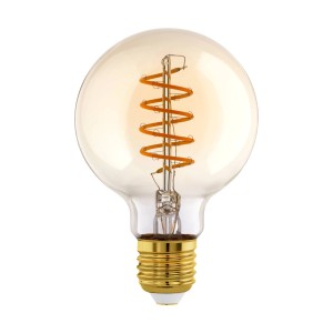 Eglo E27 LED Leuchtmittel in Globeform, 4 W, mit warmweißem Licht und goldfarbener Fassung.