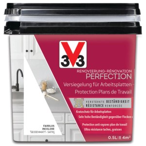 V33 Vernis plans de travail Perfection, incolore satiné, 0,5l. Protège des rayures et des taches.