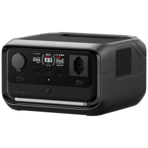 Centrale électrique noire Ecoflow River 3 Plus avec 286 Wh et divers ports.