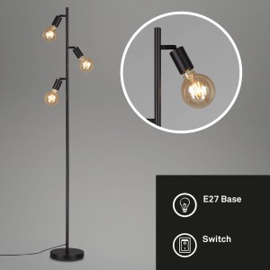 Lampadaire noir Brilo Kuglo avec trois douilles E27 et interrupteur à câble.