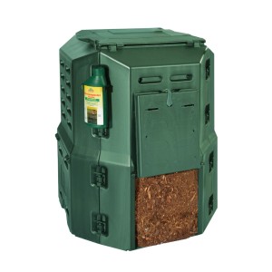 Thermo-composteur vert Handy-450 Classic avec accélérateur de compost et trappe ouverte.