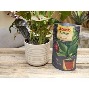Seramis Topper Dark Shadow viene versato in un vaso con pianta, confezione sullo sfondo.