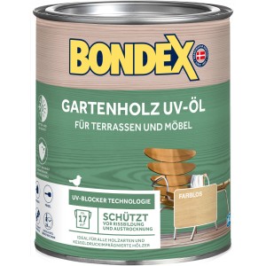 Boîte de Bondex UV-Oil Universal Transparent pour bois de jardin, terrasses et meubles.